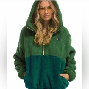 Aviator Nation Teddy Unisex Hooded Half Zip Color block Jacket Garden Green XS